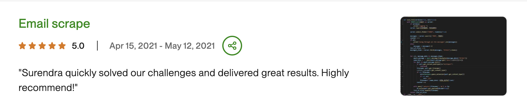 Email Scraping Solution testimonial screenshot