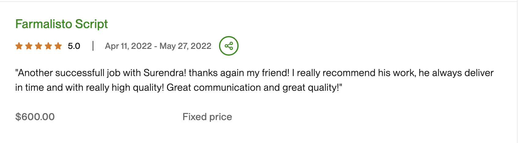 Farmalisto Script testimonial screenshot